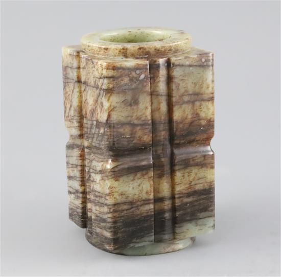 A Chinese pale celadon and black jade cong, H. 14cm